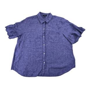 Lord + Taylor blue linen ruffle short sleeve button up blouse shirt, size 2X